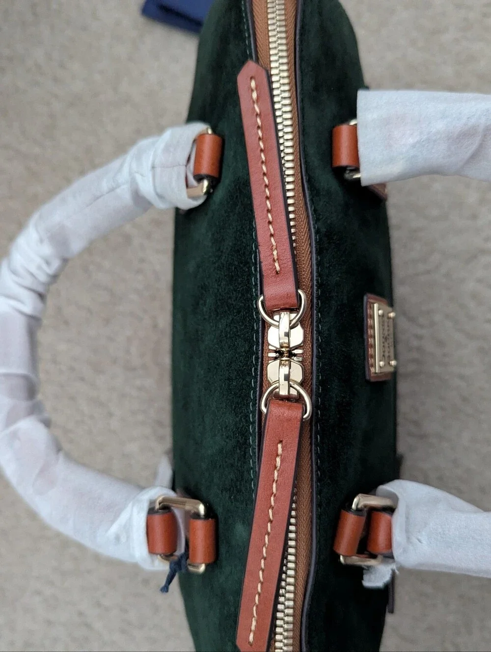 Dooney & Bourke Green Ivy Suede and Brown Leather Dome Zip Satchel